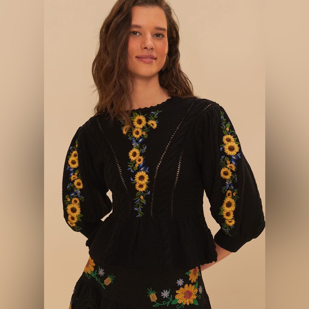 Farm Rio Black Sunflower Floral Embroidery Black Knit Top